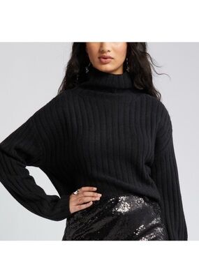 Open Edit Black Ribbed Turtleneck Sweater